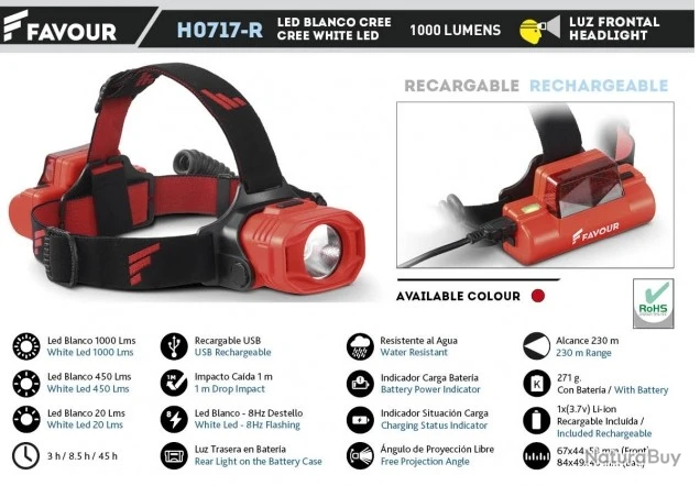 Lampe Frontale Rechargeable. 1000 Lm. Ro H0717R07 3 Lampe Frontale Rechargeable. 1000 Lm. Ro H0717R07