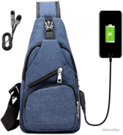 Sac à Dos Sacoche Homme Bandouliere Chargement USB Vélo Course Camping Pêche Randonnée Voyage Bleu